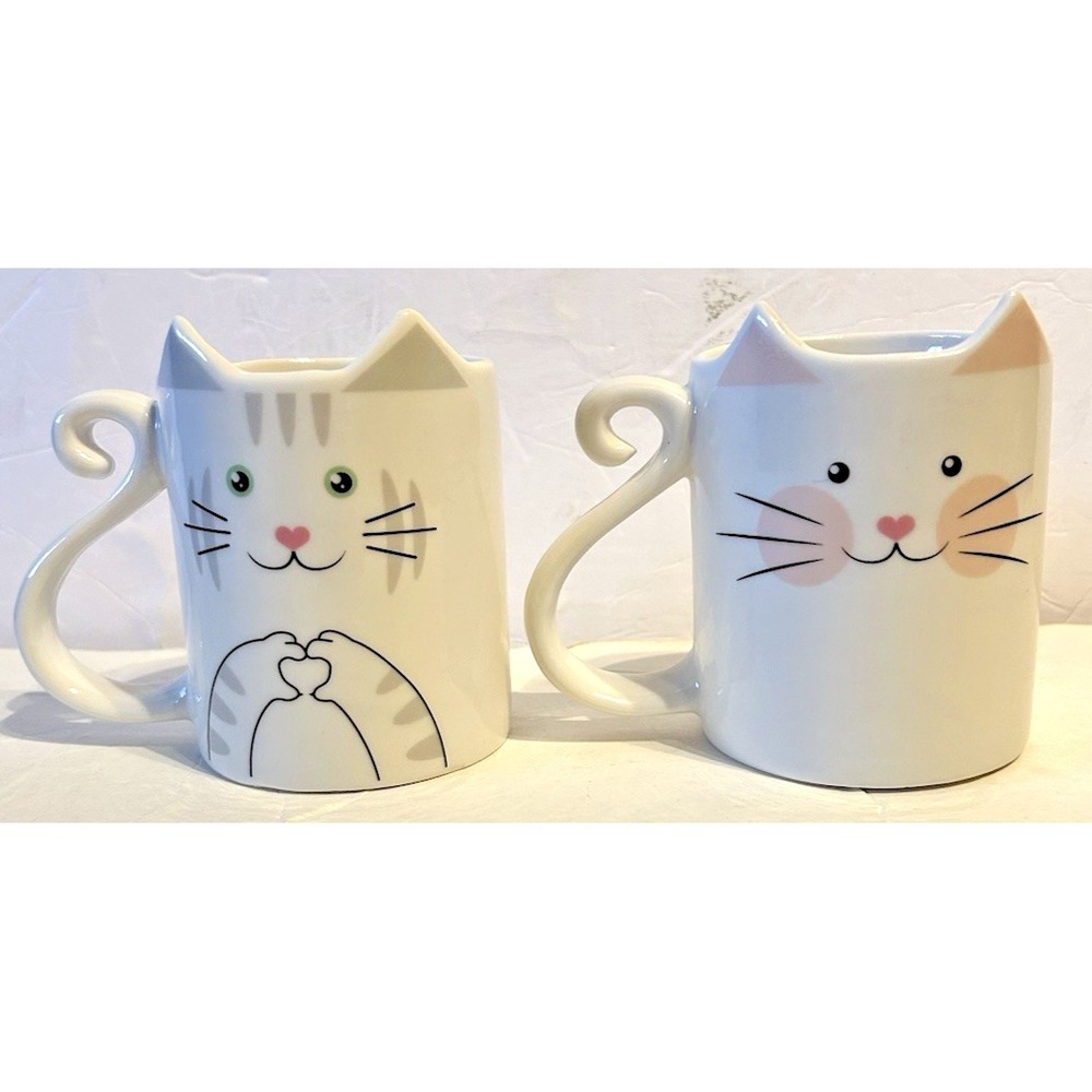 Cute Kitten Cat Mug Novelty Tail Handle Ceramic Kitschy Cup Lot Of 2